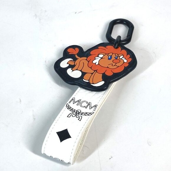 MCM Lion Logo in Visetos Bag Charm strap Key Holder Leather White Unused
